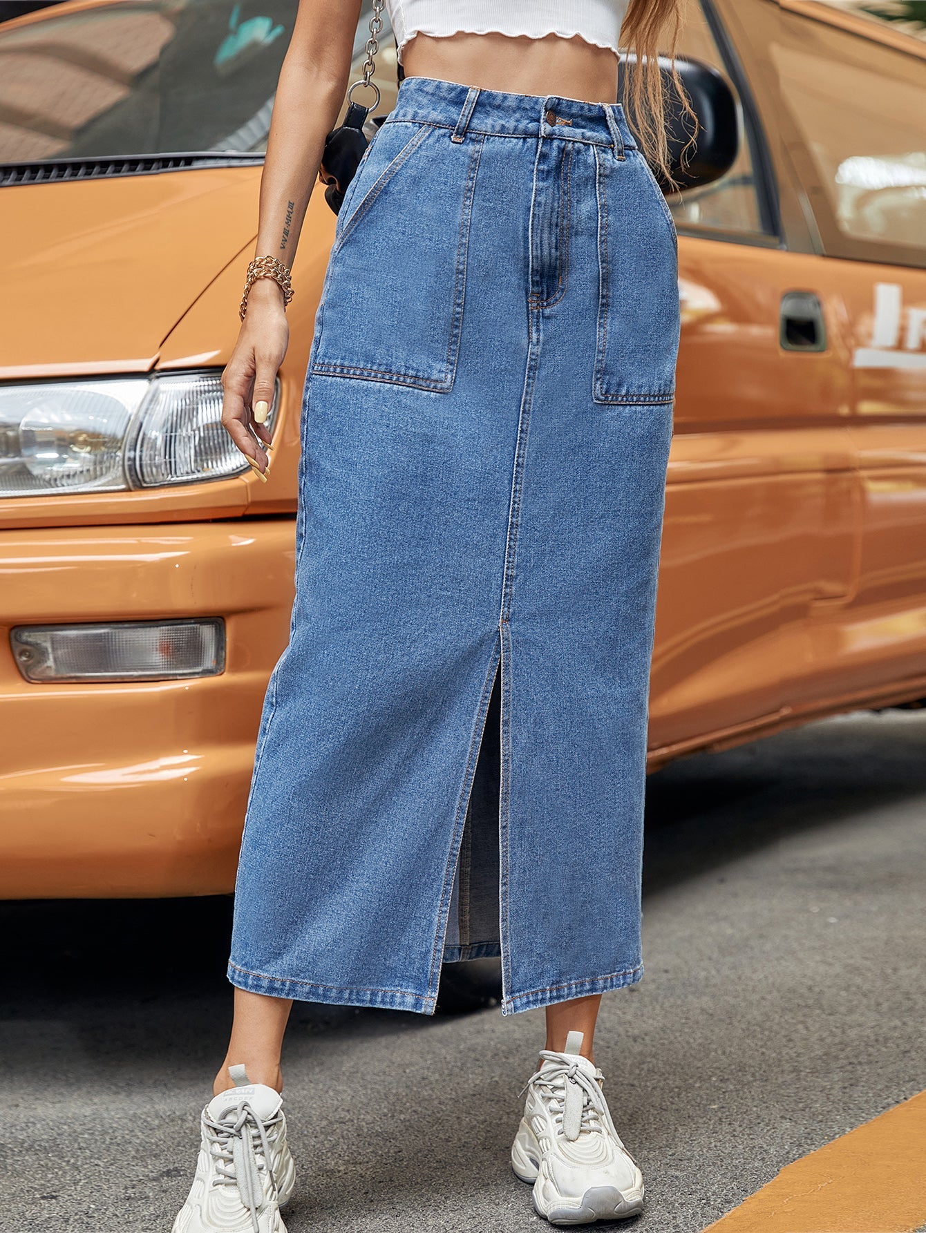 Split Front Denim Skirt Sai Feel