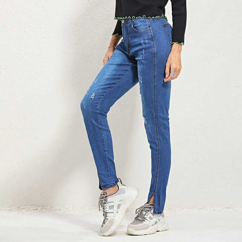 Split Hem Skinny Middle Waist Jeans Sai Feel
