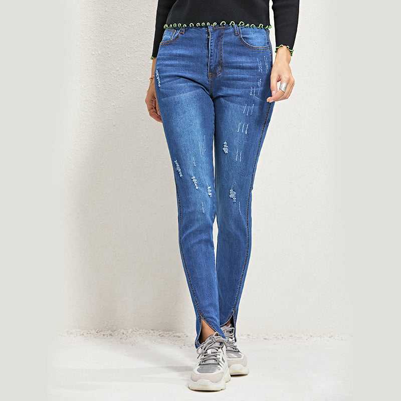 Split Hem Skinny Middle Waist Jeans Sai Feel