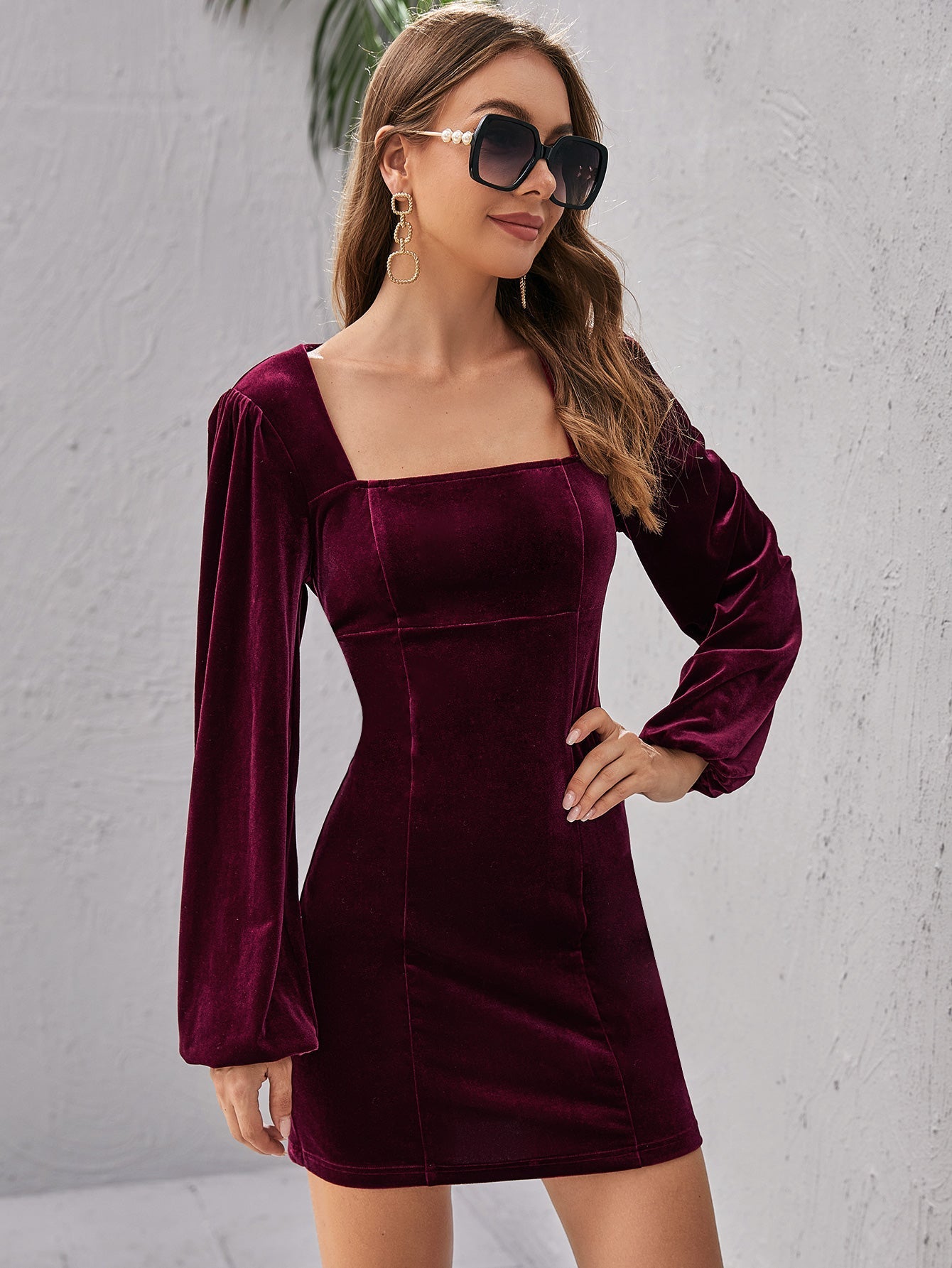 Square Neck Backless Velvet Bodycon Dress Sai Feel