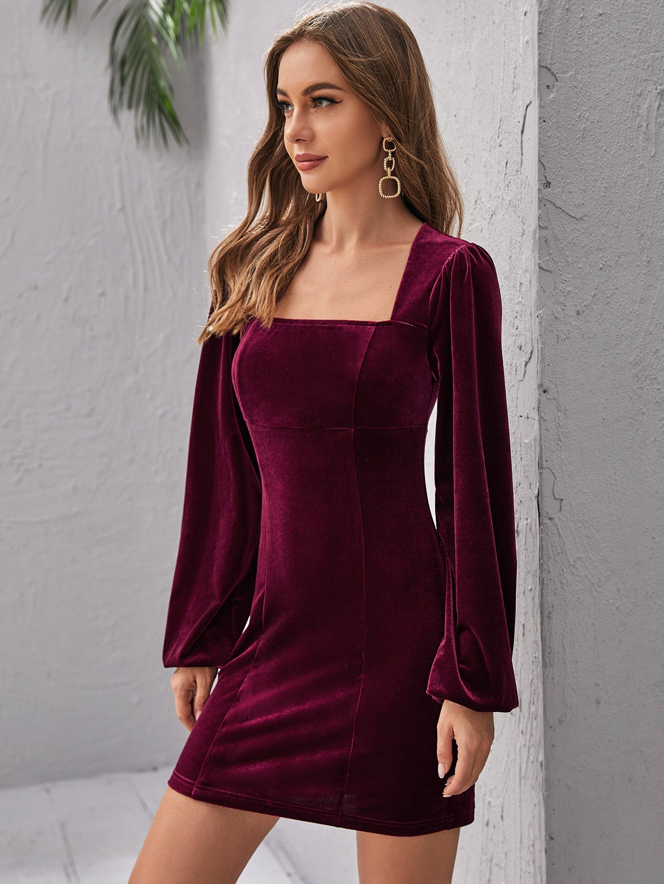 Square Neck Backless Velvet Bodycon Dress Sai Feel