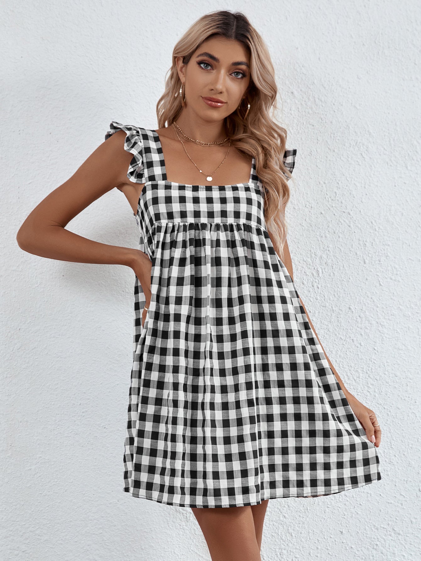 Square Neck Gingham Print Butterfly Sleeve Smock Dress Sai Feel