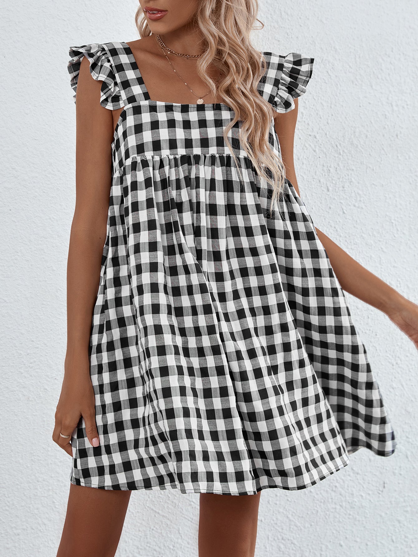 Square Neck Gingham Print Butterfly Sleeve Smock Dress Sai Feel