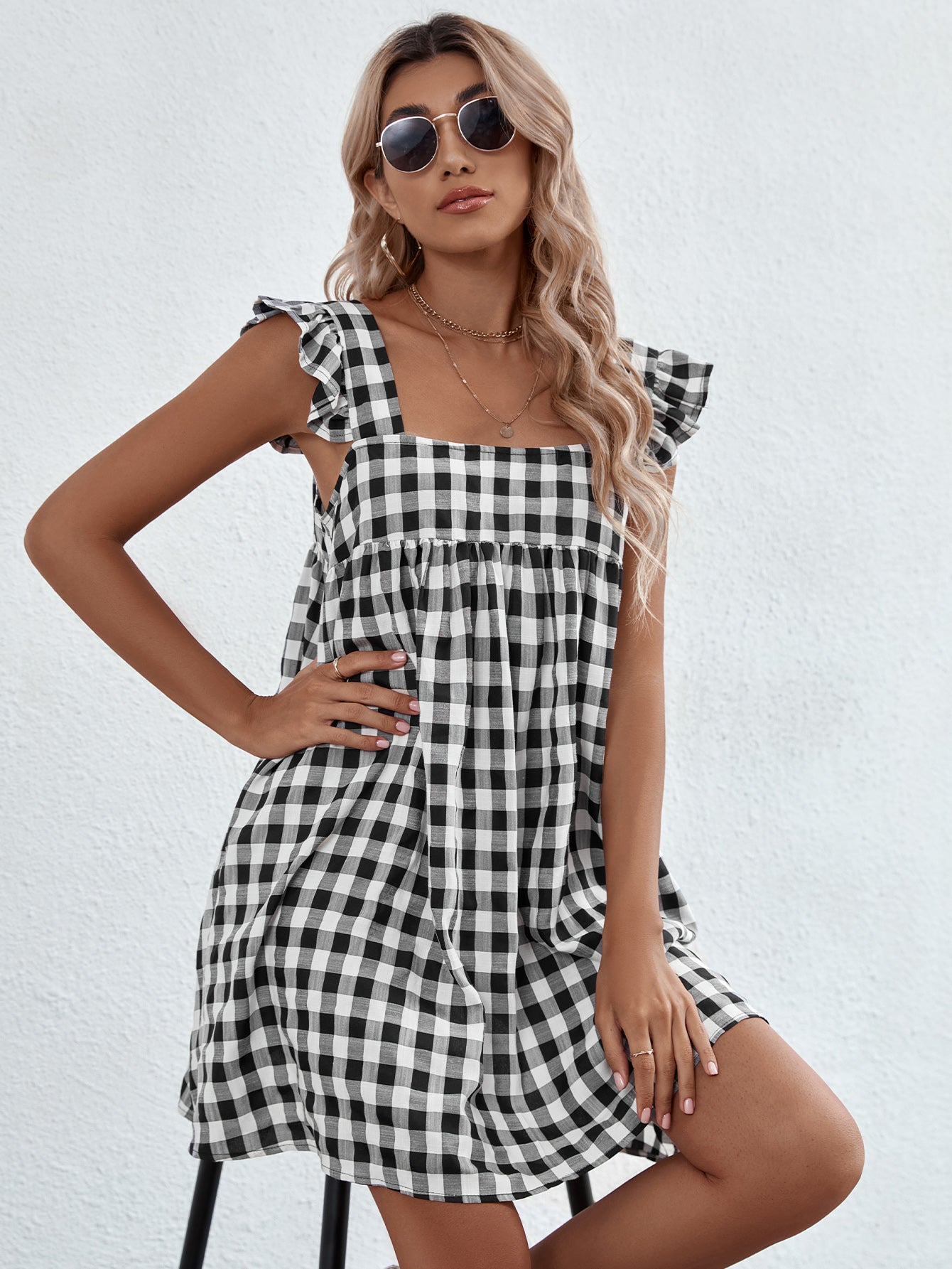 Square Neck Gingham Print Butterfly Sleeve Smock Dress Sai Feel