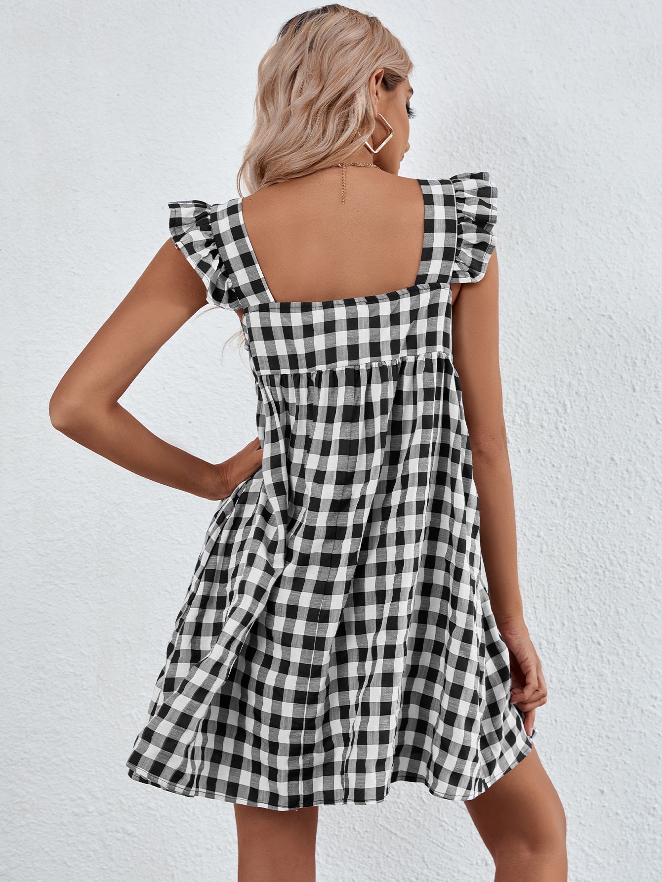 Square Neck Gingham Print Butterfly Sleeve Smock Dress Sai Feel