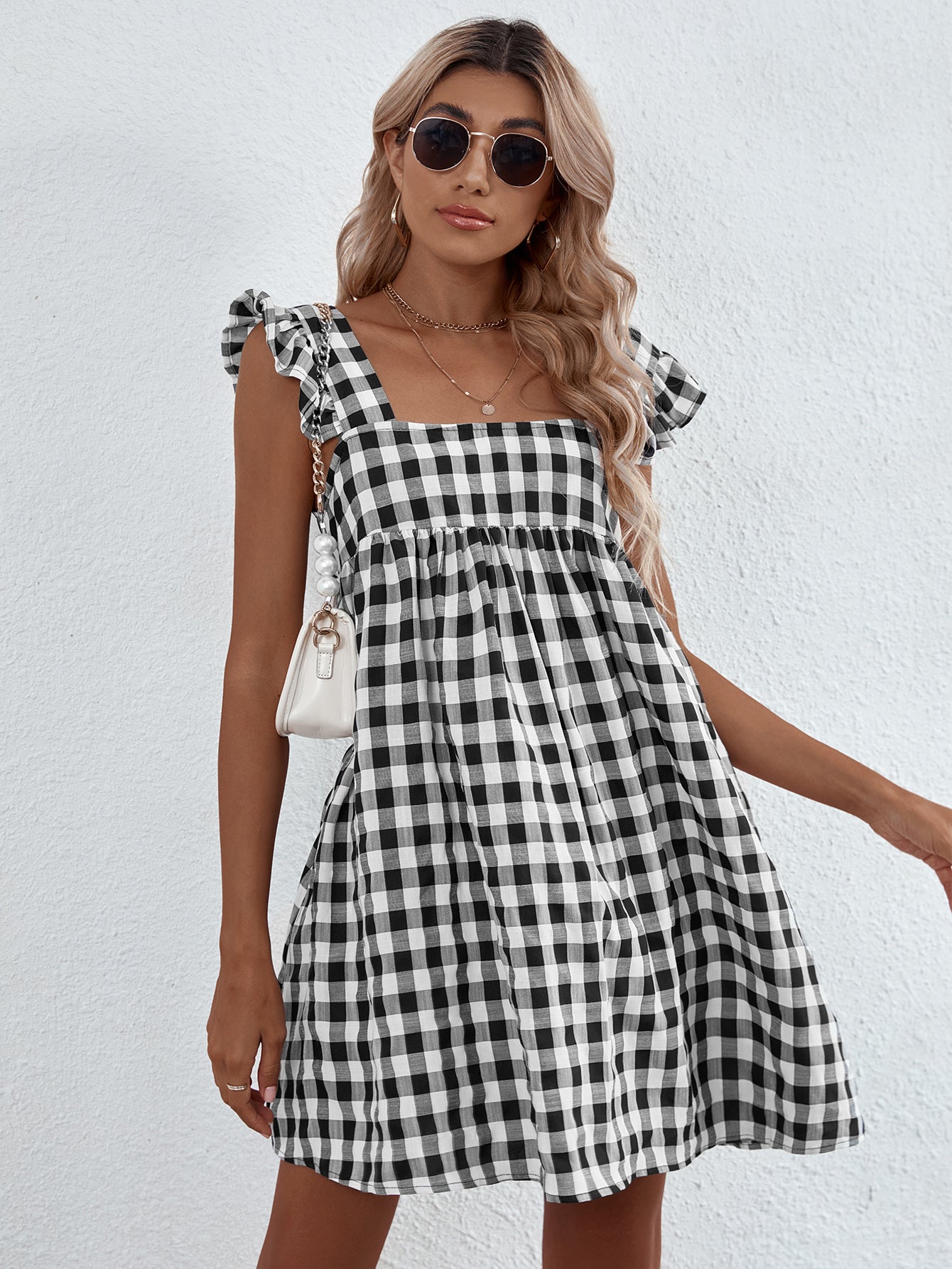 Square Neck Gingham Print Butterfly Sleeve Smock Dress Sai Feel