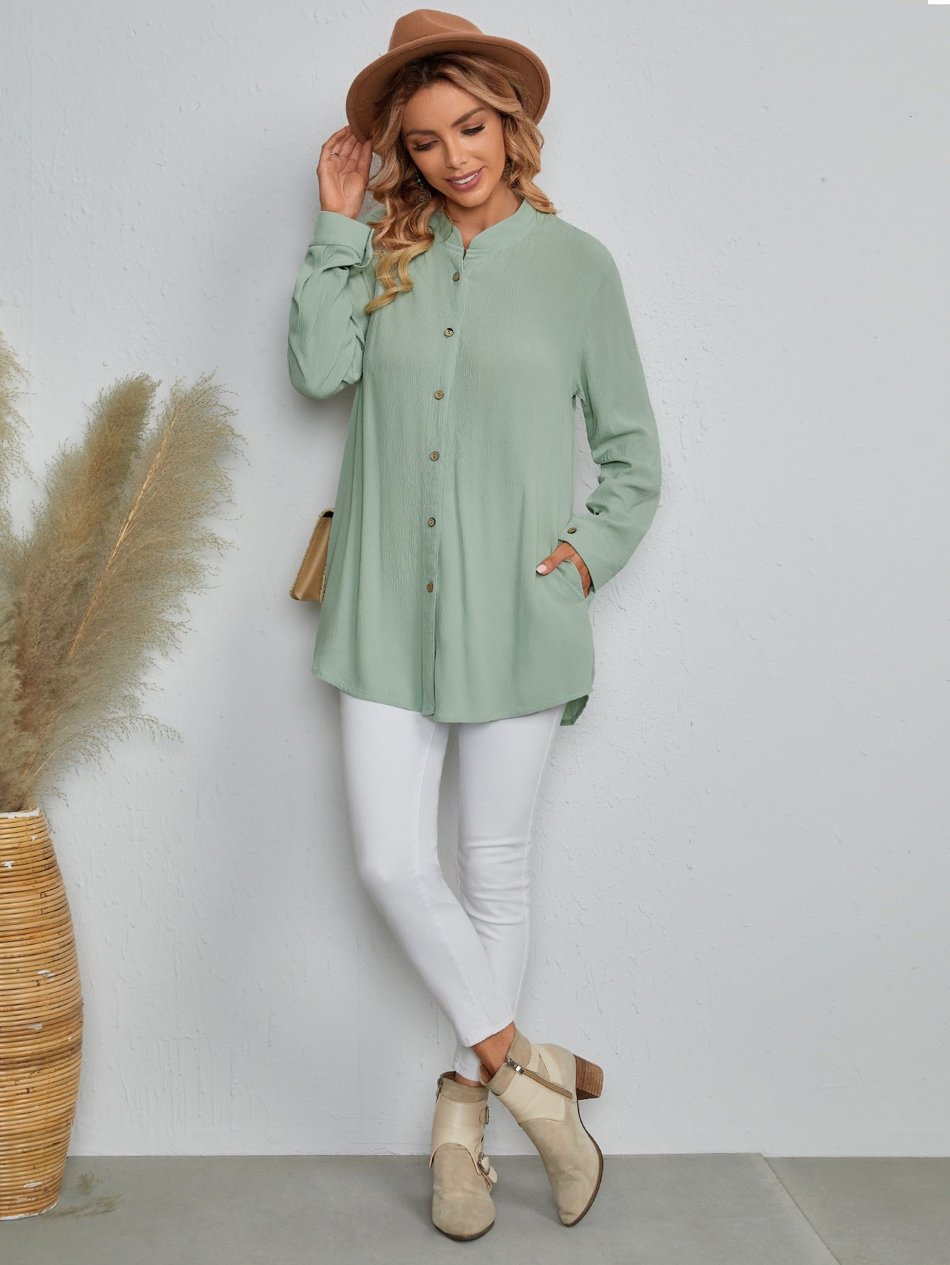 Stand Collar Button Front Blouse Sai Feel