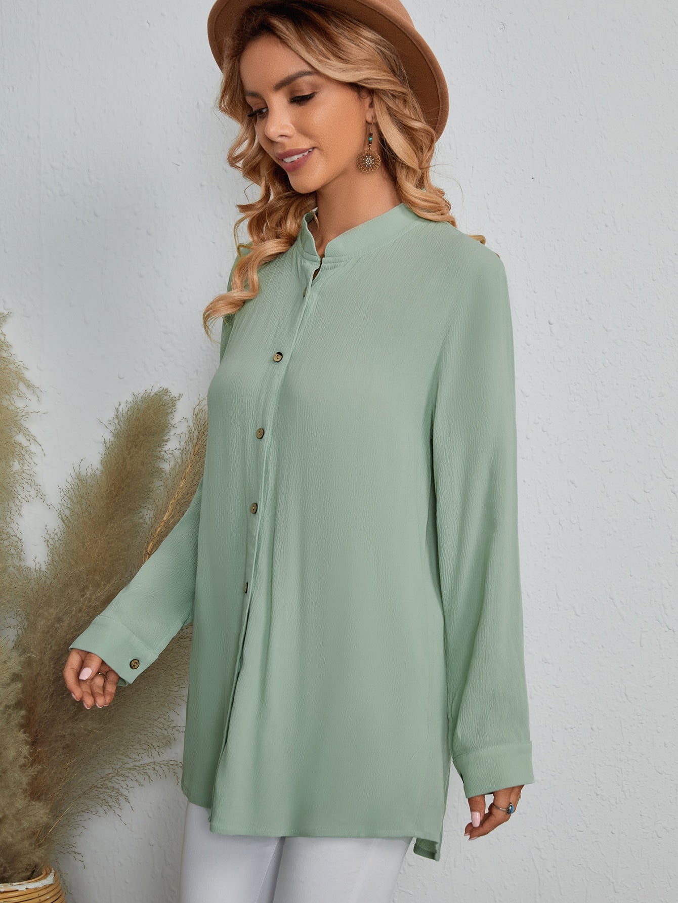 Stand Collar Button Front Blouse Sai Feel