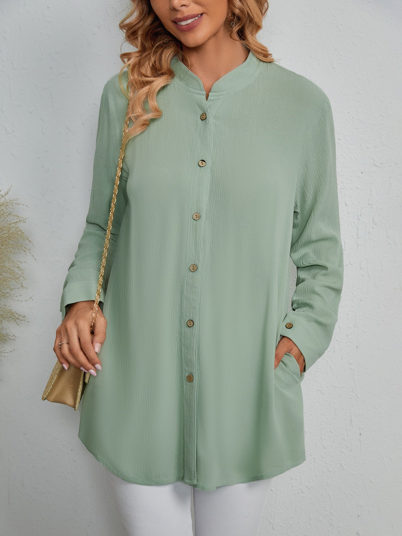 Stand Collar Button Front Blouse Sai Feel