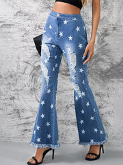 Star Print Distressed Raw Hem Flare Jeans Sai Feel