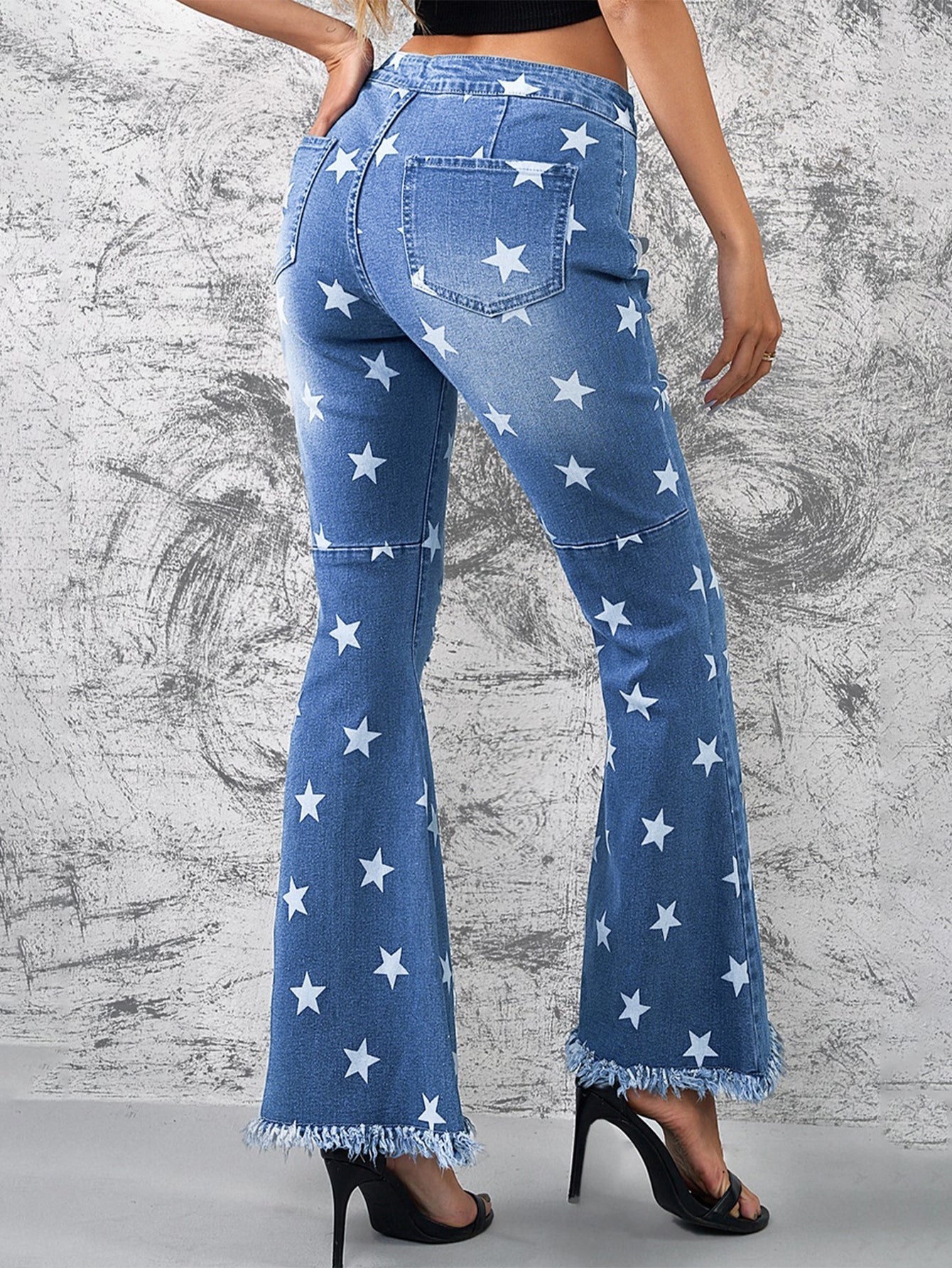 Star Print Distressed Raw Hem Flare Jeans Sai Feel