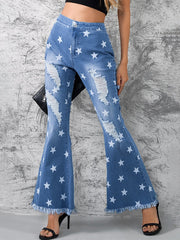 Star Print Distressed Raw Hem Flare Jeans Sai Feel