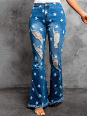 Star Print Distressed Raw Hem Flare Jeans Sai Feel