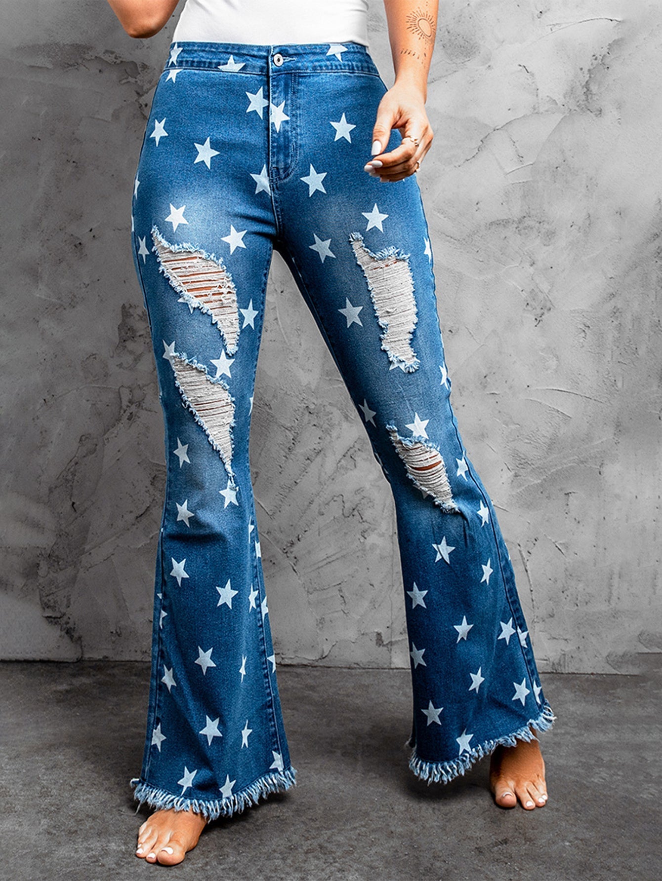 Star Print Distressed Raw Hem Flare Jeans Sai Feel