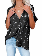 Star Print V-neck Buttoned Bat Short-sleeve Shirt Sai Feel