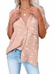 Star Print V-neck Buttoned Bat Short-sleeve Shirt Sai Feel