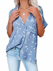 Star Print V-neck Buttoned Bat Short-sleeve Shirt Sai Feel