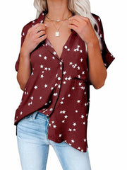 Star Print V-neck Buttoned Bat Short-sleeve Shirt Sai Feel