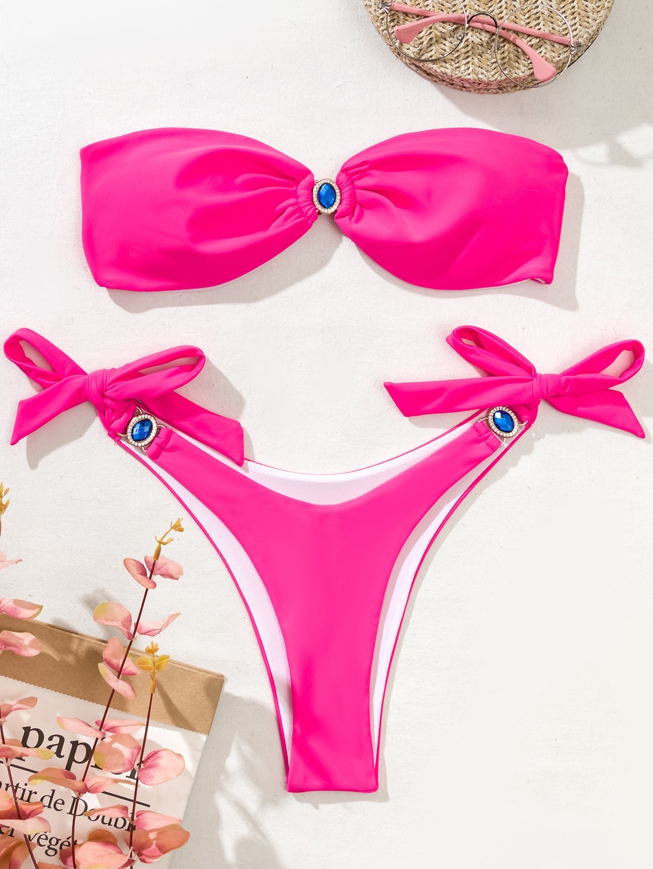 Strapless Ribbed Tie Back Ruffle Bikini Set Sai Feel