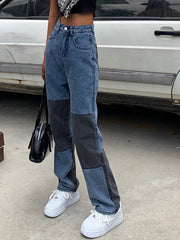 Street hip hop color Patchwork jeans High waist straight leg wide loose trousers Sai Feel