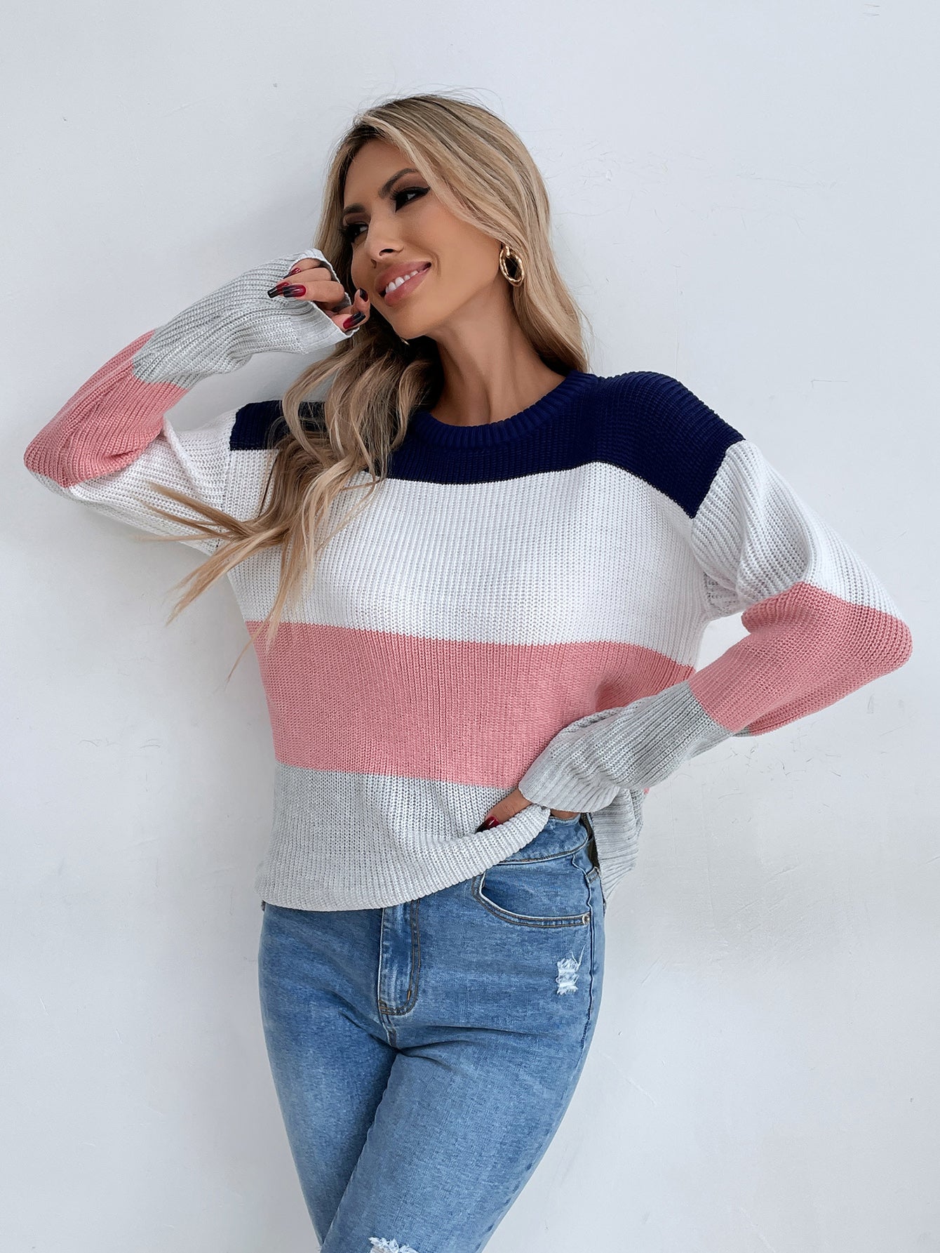 Stripe Color Block Sweater Pullover Sai Feel