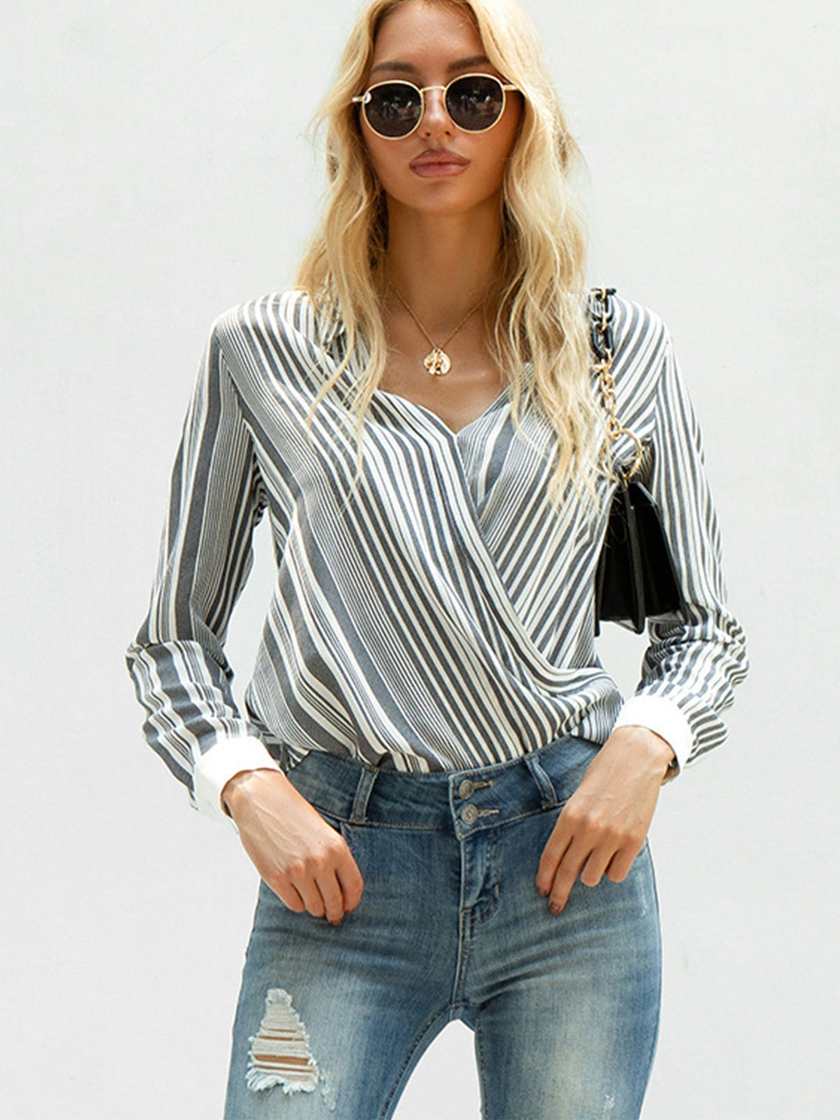 Stripe Deep V Neck Blouse Sai Feel