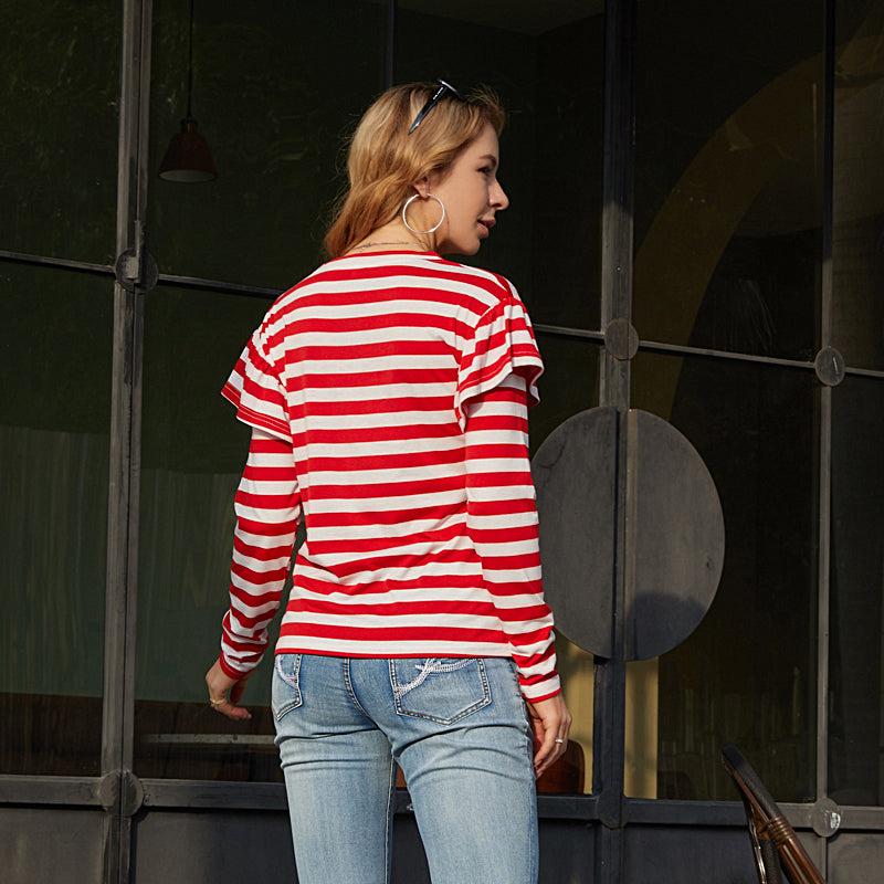 Stripe Ruffle Trim Tee Sai Feel