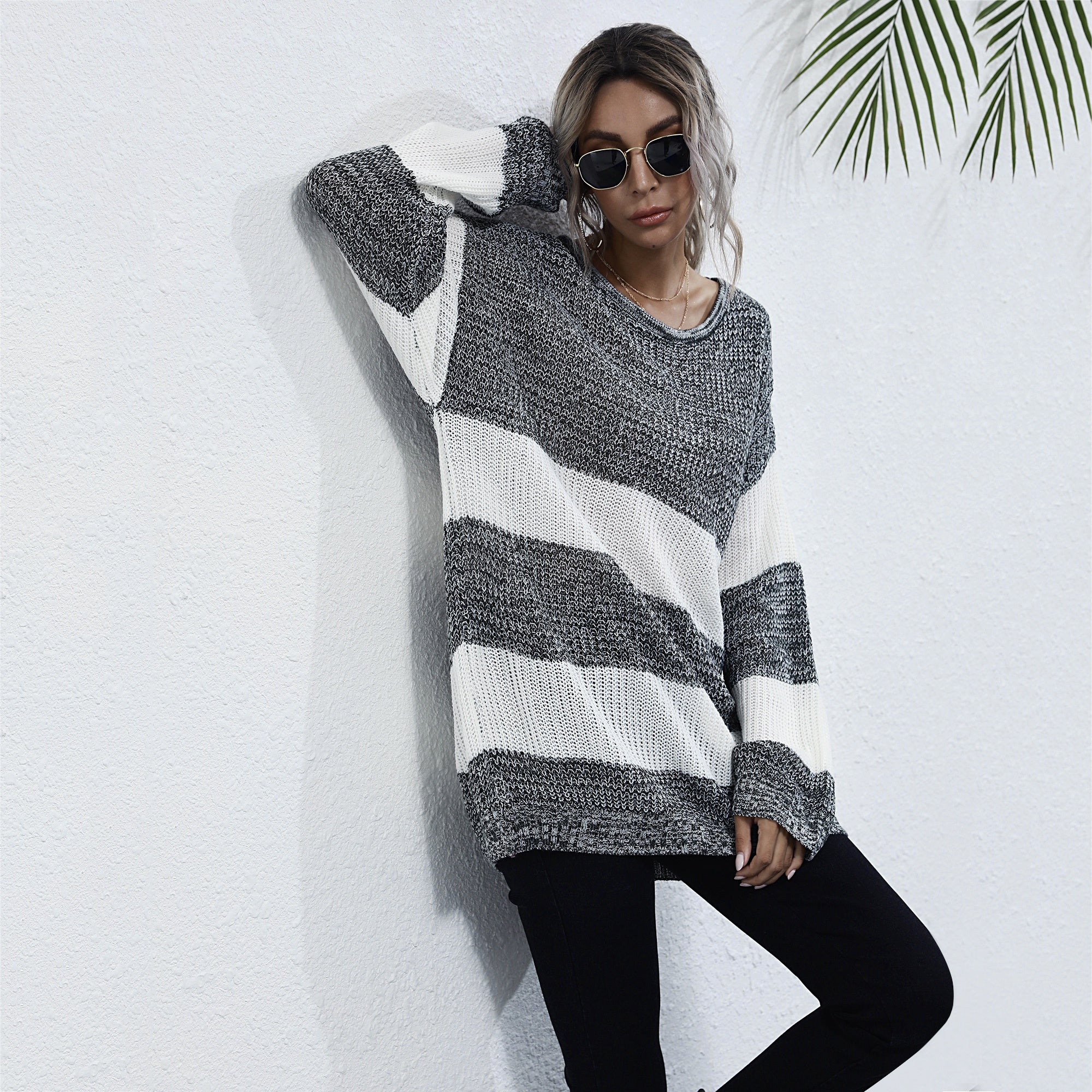 Striped Patchwork Loose Sweater Women Long Sleeve Plus Size Knitted Pullover Mid-length Sweater Sai Feel