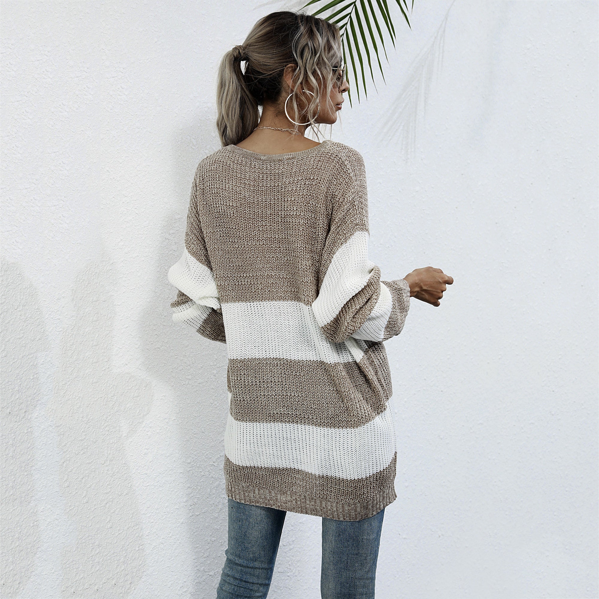 Striped Patchwork Loose Sweater Women Long Sleeve Plus Size Knitted Pullover Mid-length Sweater Sai Feel