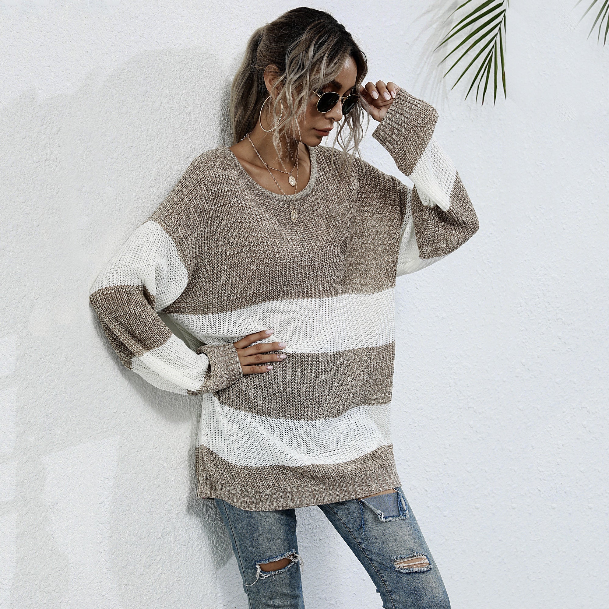 Striped Patchwork Loose Sweater Women Long Sleeve Plus Size Knitted Pullover Mid-length Sweater Sai Feel
