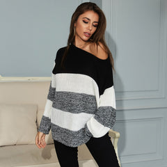 Striped Patchwork Loose Sweater Women Long Sleeve Plus Size Knitted Pullover Mid-length Sweater Sai Feel