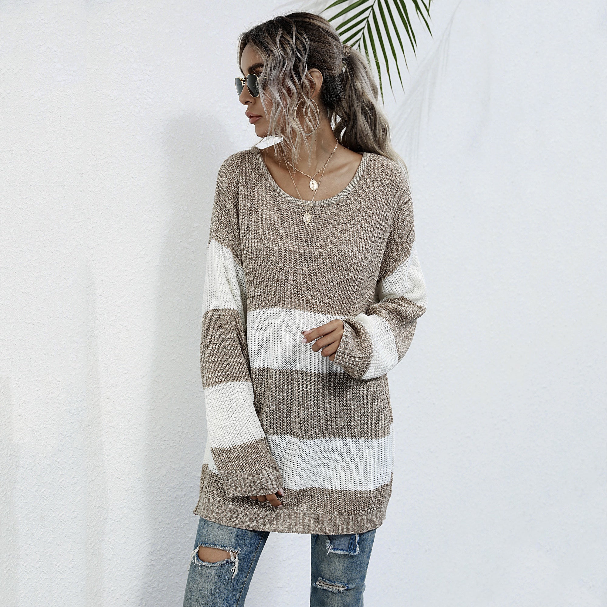 Striped Patchwork Loose Sweater Women Long Sleeve Plus Size Knitted Pullover Mid-length Sweater Sai Feel