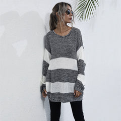 Striped Patchwork Loose Sweater Women Long Sleeve Plus Size Knitted Pullover Mid-length Sweater Sai Feel