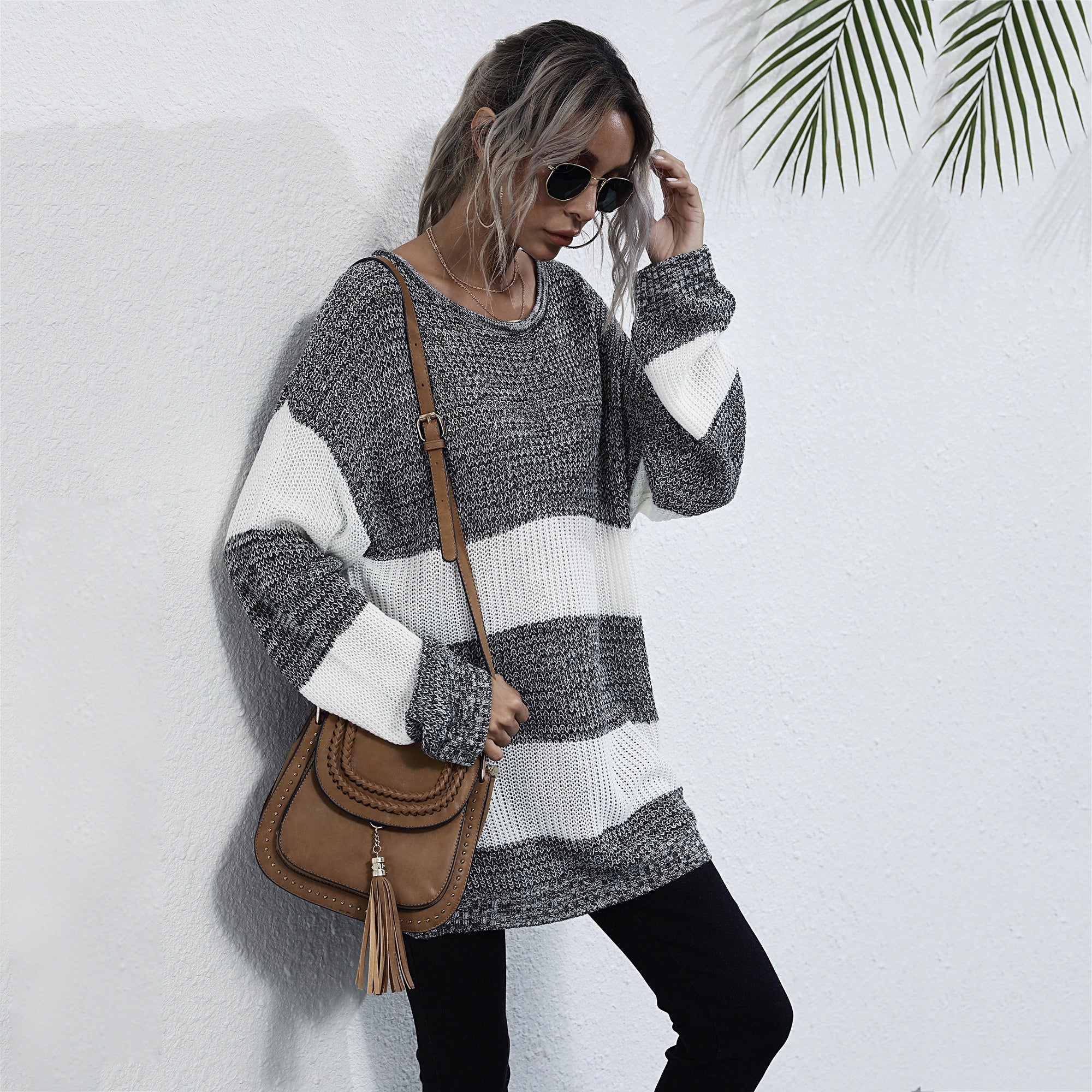Striped Patchwork Loose Sweater Women Long Sleeve Plus Size Knitted Pullover Mid-length Sweater Sai Feel