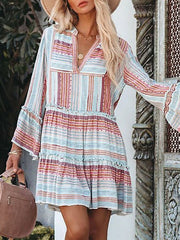 Striped Print V-Neck Long Sleeve Dress Sai Feel