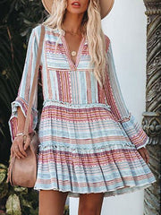 Striped Print V-Neck Long Sleeve Dress Sai Feel