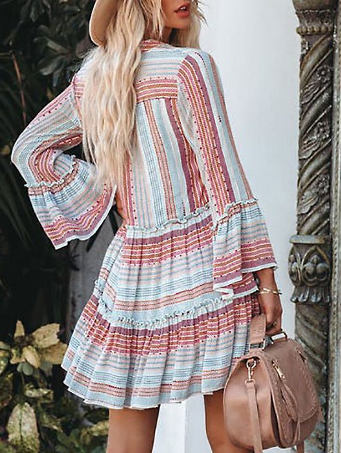 Striped Print V-Neck Long Sleeve Dress Sai Feel