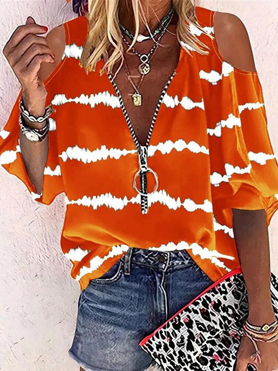 Striped Print Zip Off-Shoulder Mid-Sleeve T-Shirt Sai Feel