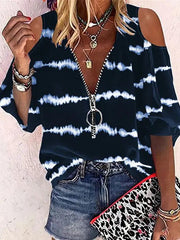 Striped Print Zip Off-Shoulder Mid-Sleeve T-Shirt Sai Feel