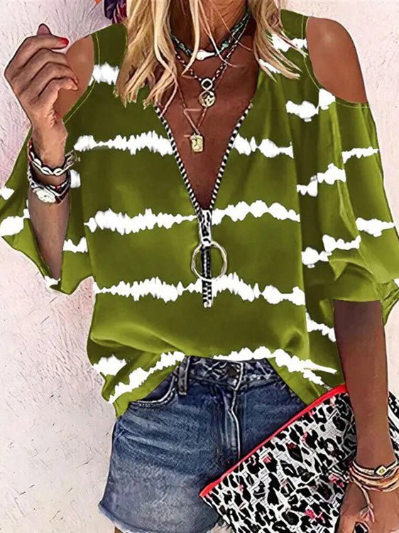 Striped Print Zip Off-Shoulder Mid-Sleeve T-Shirt Sai Feel