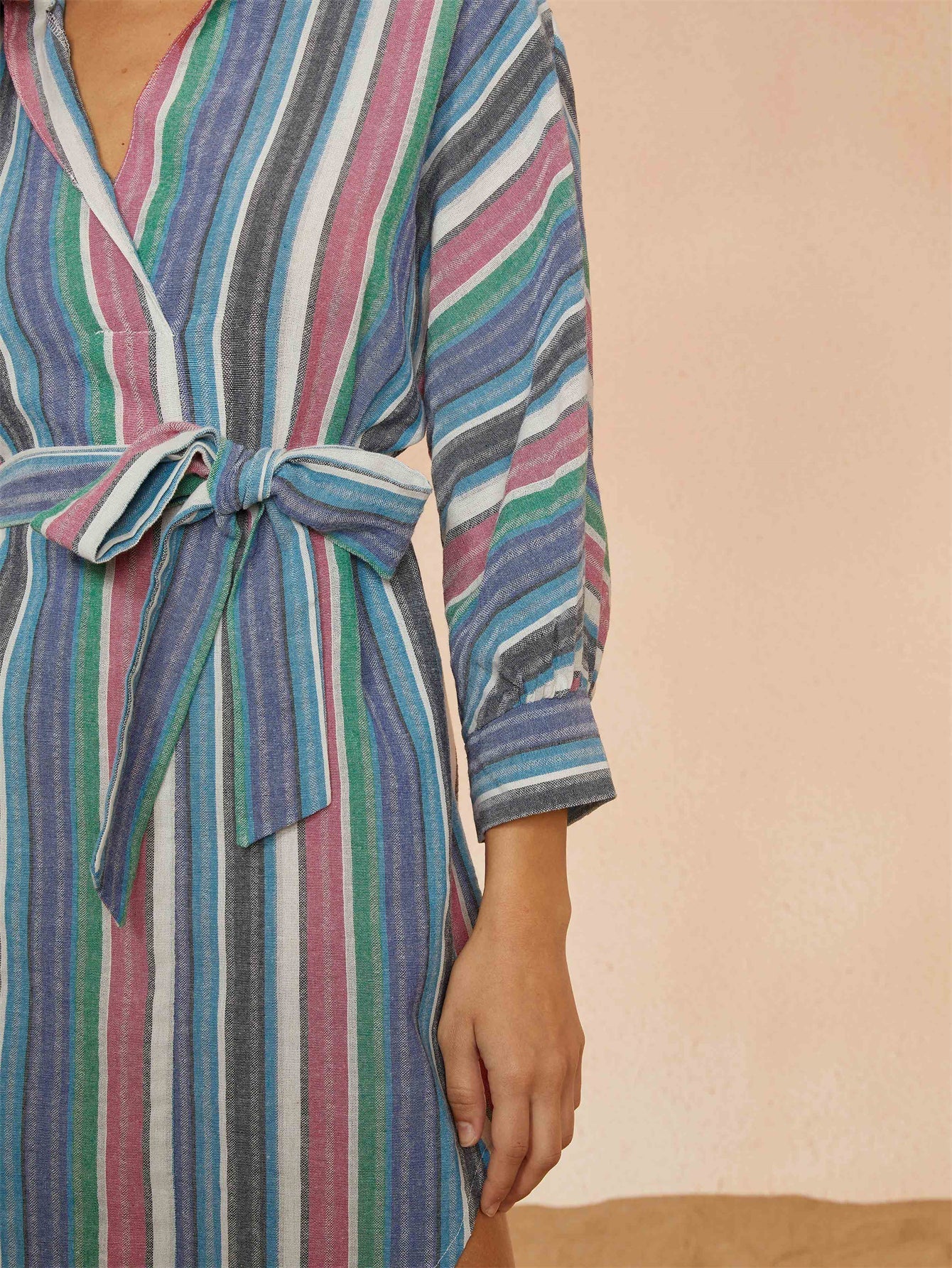 Striped Self Waist Tie Shirtdress Sai Feel