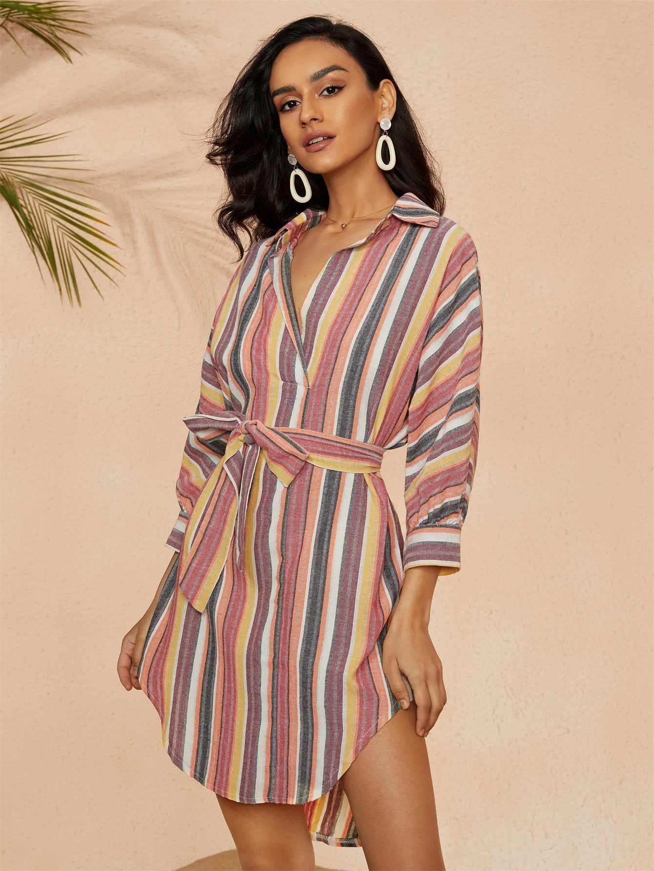 Striped Self Waist Tie Shirtdress Sai Feel