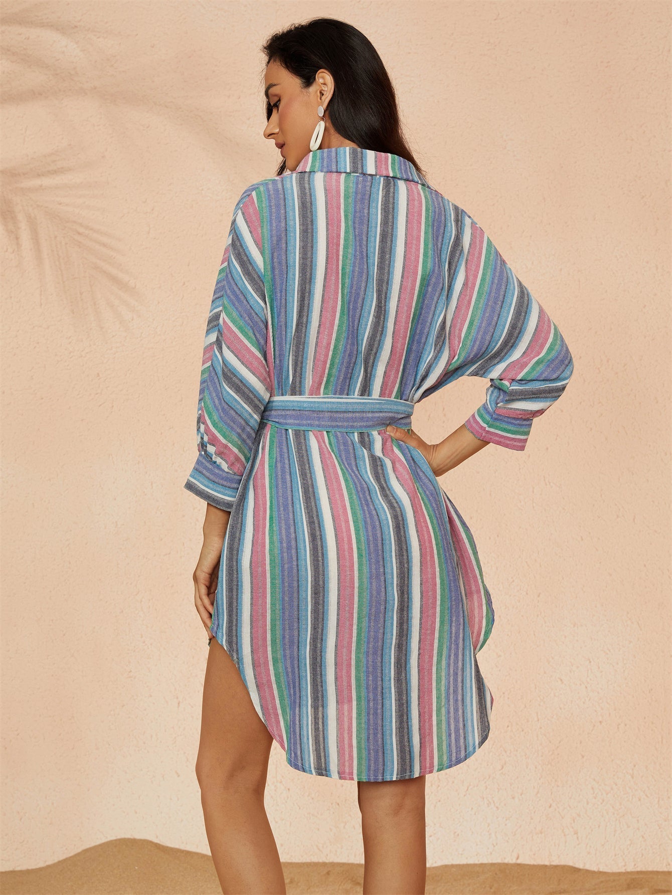 Striped Self Waist Tie Shirtdress Sai Feel