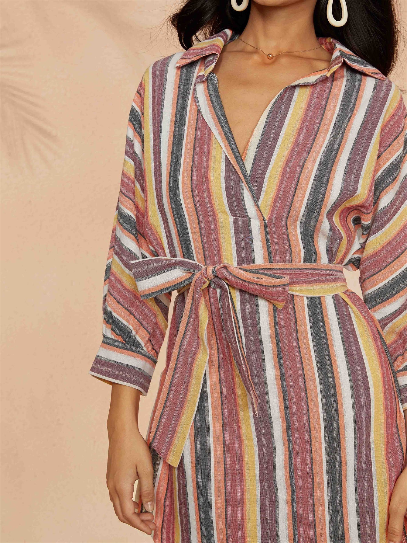 Striped Self Waist Tie Shirtdress Sai Feel