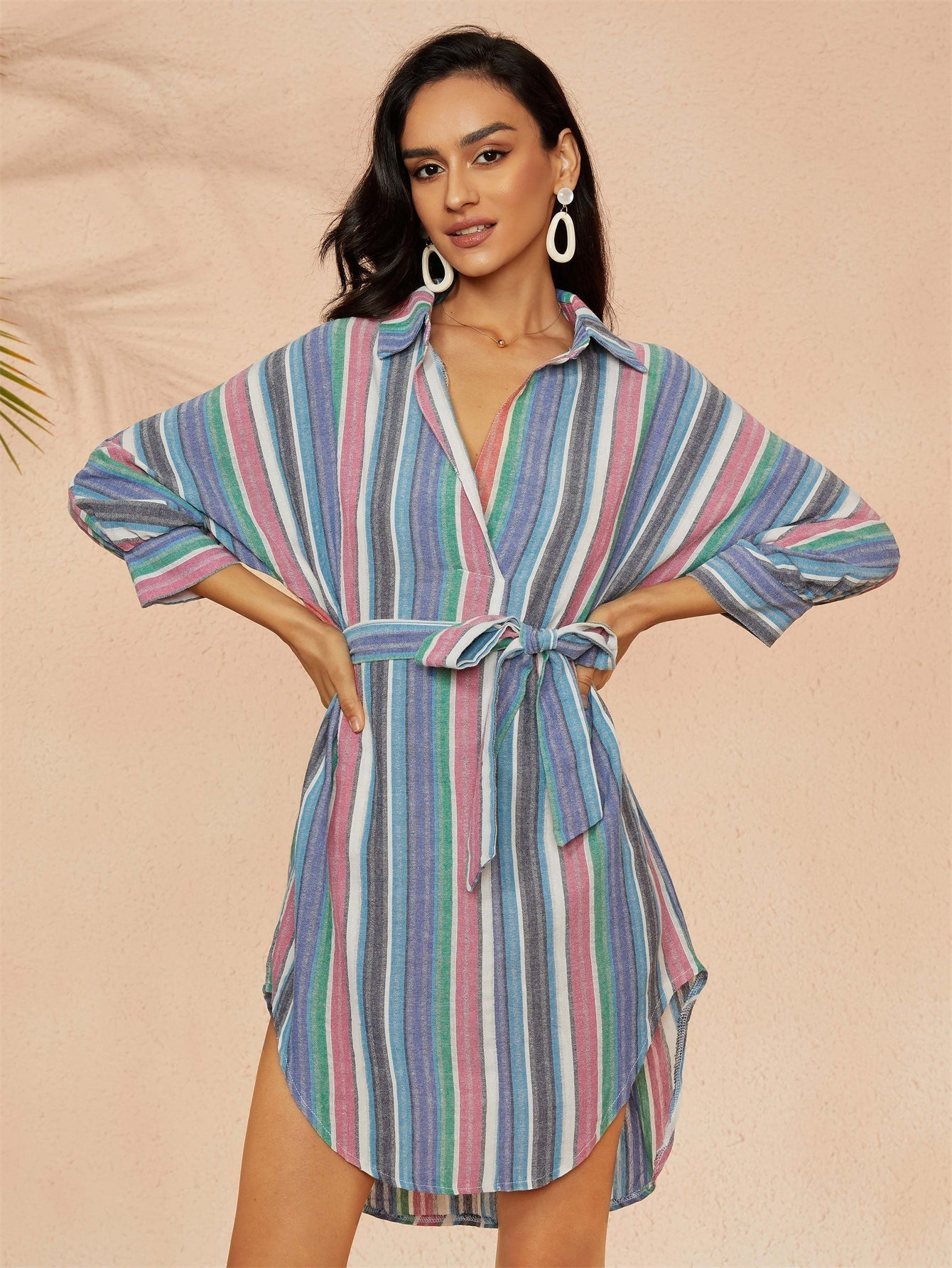 Striped Self Waist Tie Shirtdress Sai Feel