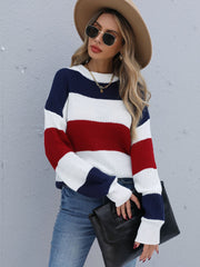 Striped knitted long-sleeved round neck sweater Sai Feel