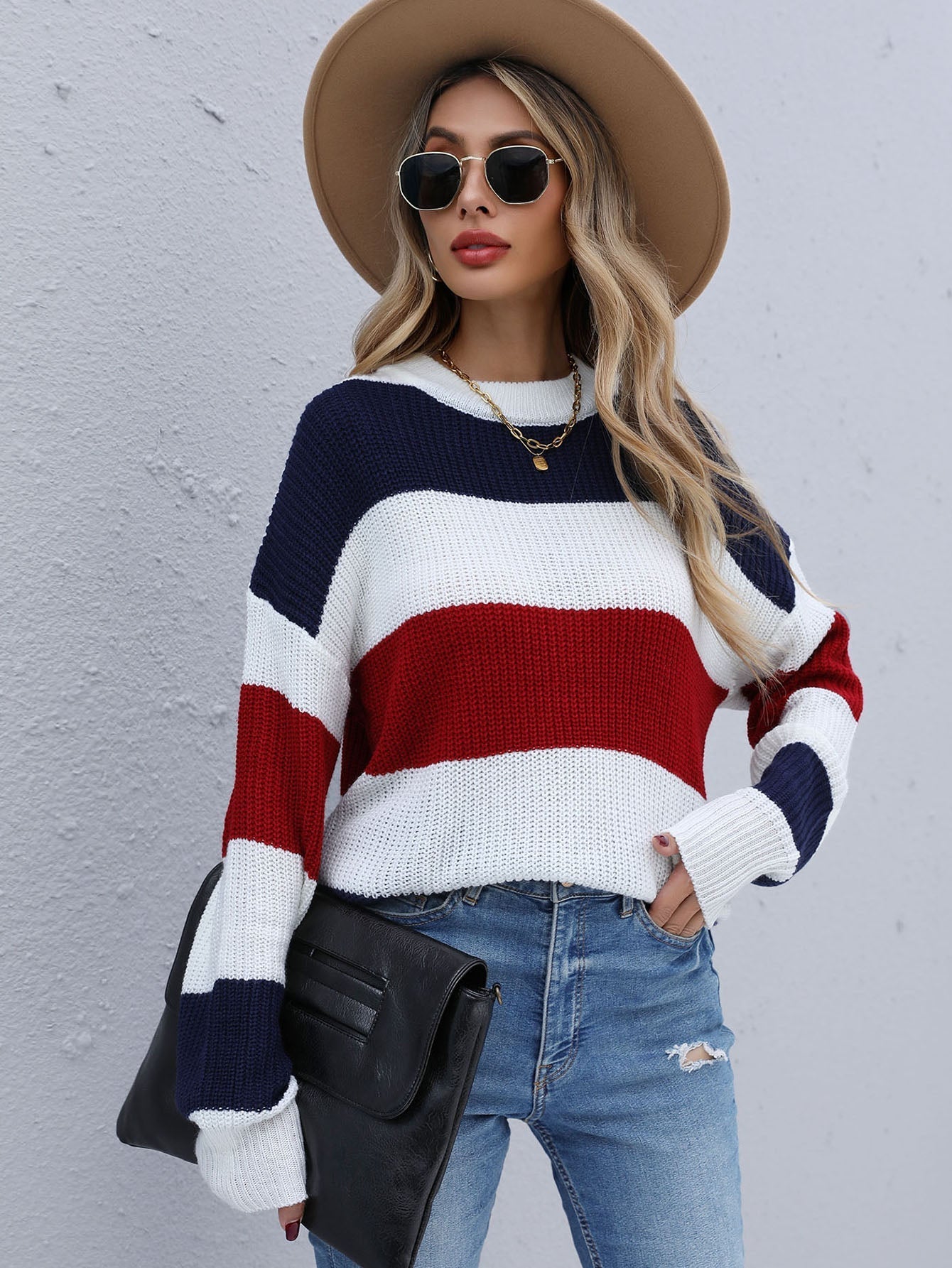 Striped knitted long-sleeved round neck sweater Sai Feel