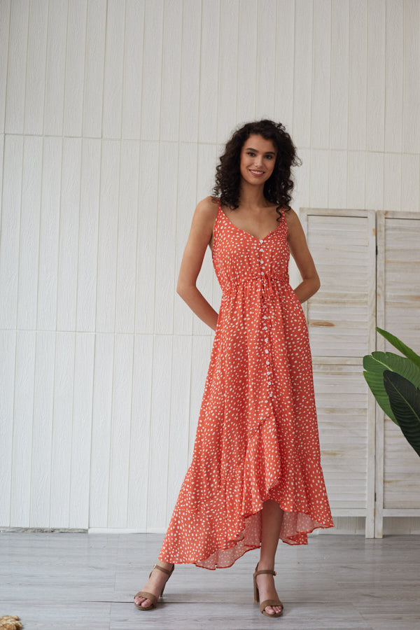 Summer Style Dot Printed Sleeveless Dress Women Elegant Deep V Neck Split Long Maxi Dress Collect Waist Dress Sai Feel