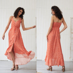 Summer Style Dot Printed Sleeveless Dress Women Elegant Deep V Neck Split Long Maxi Dress Collect Waist Dress Sai Feel