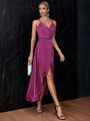 Surplice Front Crisscross Back Satin Tulip Hem Dress Sai Feel